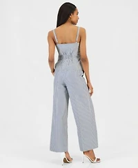 Tahari Asl Womens Striped Button Front Sleeveless Top Seersucker Stripe Wide Leg Pants