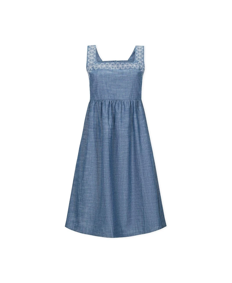 Hope & Henry Women's Organic Sleeveless Chambray Dress with Embroidery