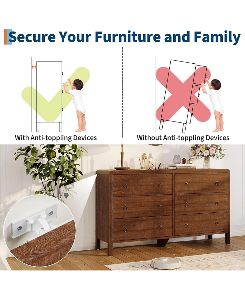 gaomon Modern 6 Drawer Dresser for Bedroom, Dresser Tv Stand with Large Drawers, Walnut Natural Texture
