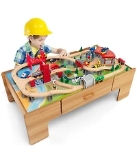 Mecale 100-Piece Double-Sided Wooden Train Table Set with Storage Drawer, Ages 3