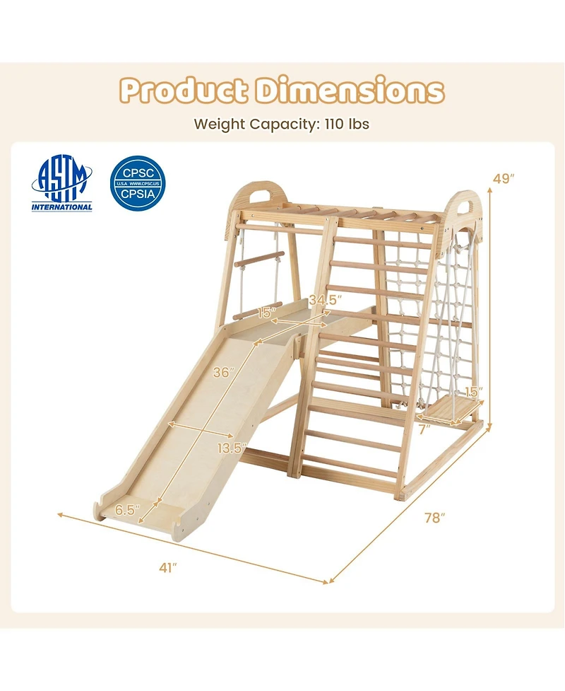 Mecale 8-in-1 Montessori Wooden Jungle Gym Climber with Slide, Monkey Bar & Play Features for Active Kids