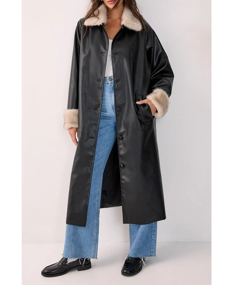 Nasty Gal Women's Faux Leather Longline Fur Trim Coat