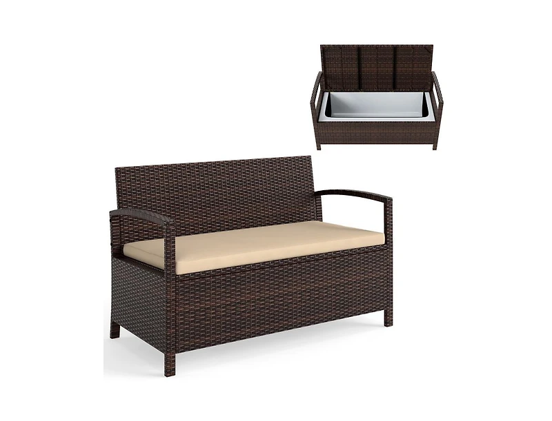 Slickblue 2-Seat Pe Wicker Patio Storage Bench with Cushion and Deck Box