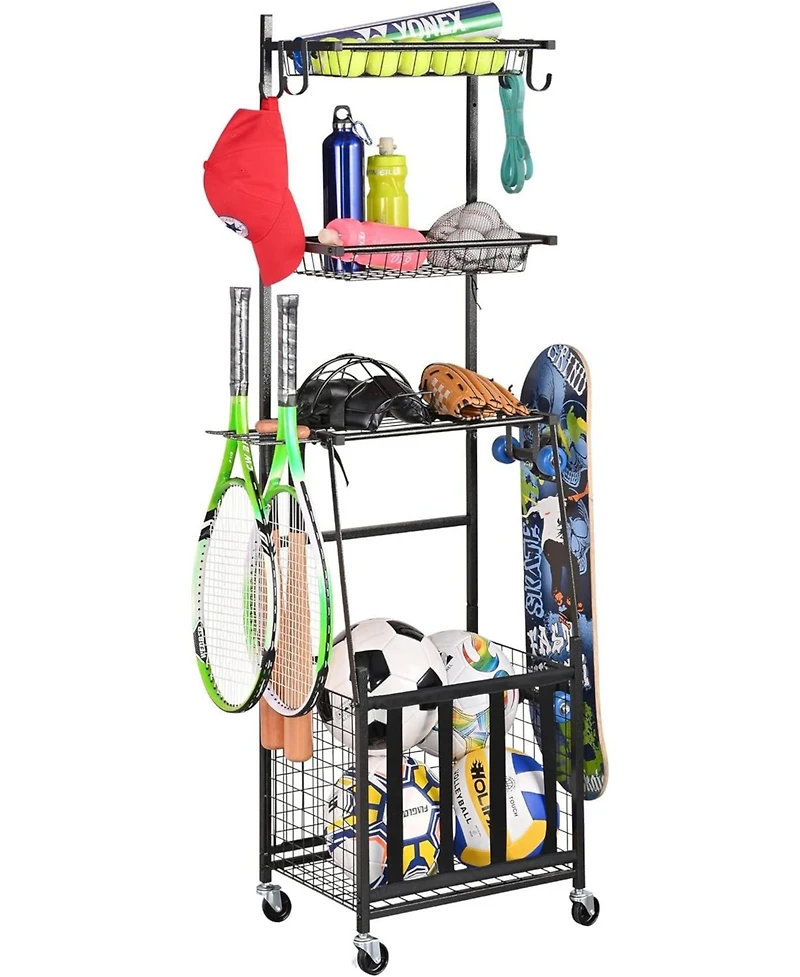 Mythinglogic 4-Tier Sports Equipment Storage Organizer, Black, Plastic, Wheeled
