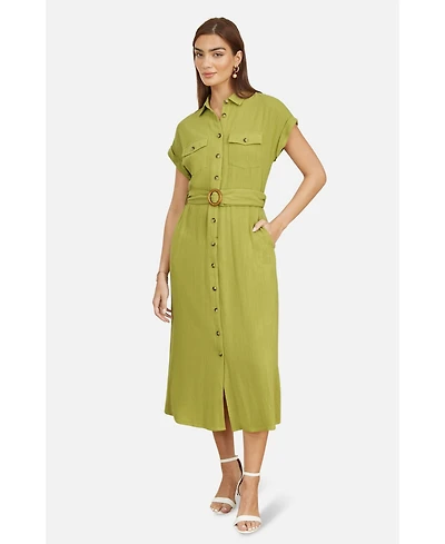 Yumi Women's Viscose Linen Look Midi Shirt Dress