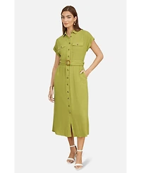Yumi Women's Viscose Linen Look Midi Shirt Dress