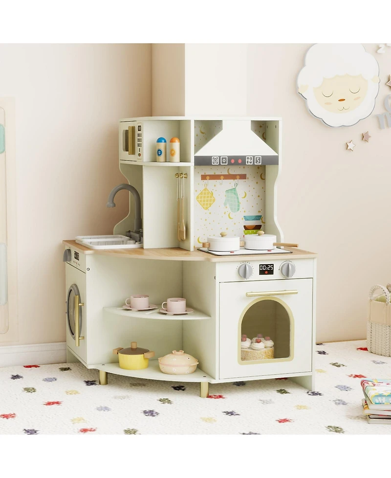 Mecale Kids Play Kitchen, Wooden Corner Kitchen Playset with Working Faucet & Sink