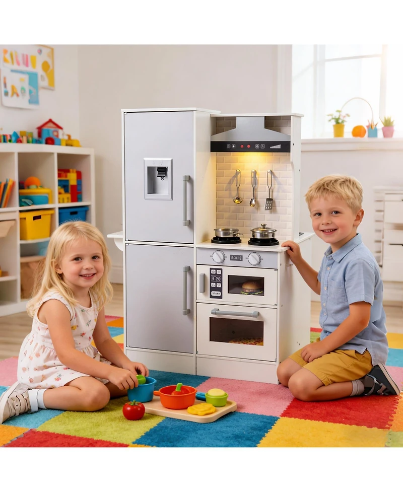Mecale Dual-Sided Kids Play Kitchen with Water Dispenser & Range Hood for Ages 3
