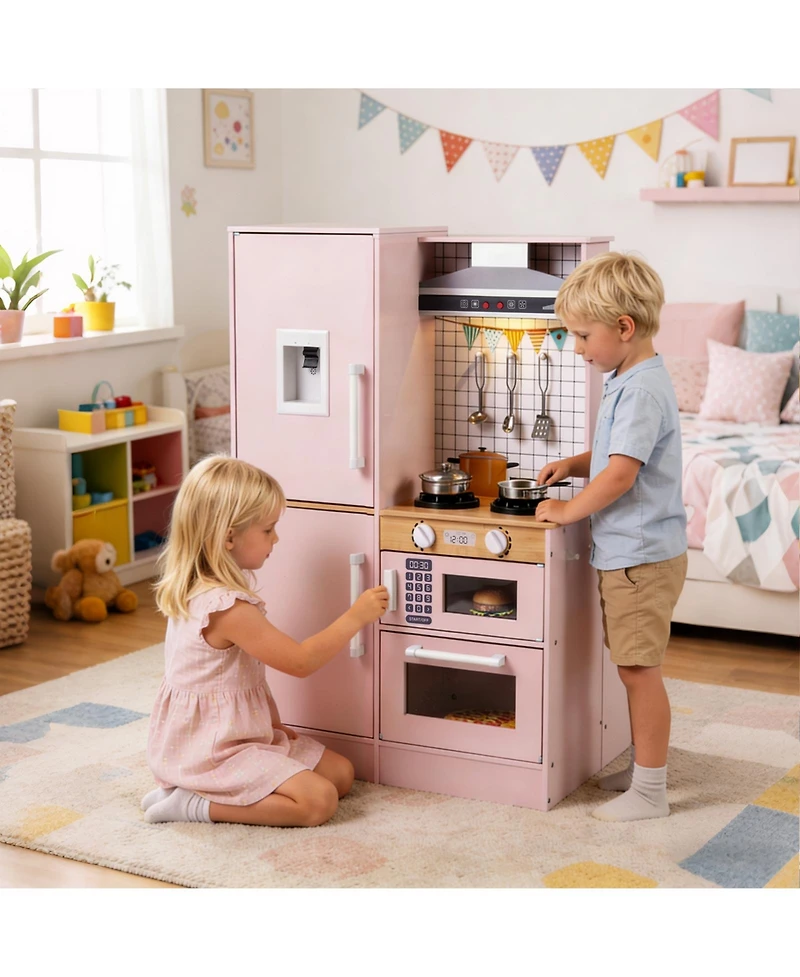 Mecale Dual-Sided Kids Play Kitchen with Water Dispenser & Range Hood for Ages 3