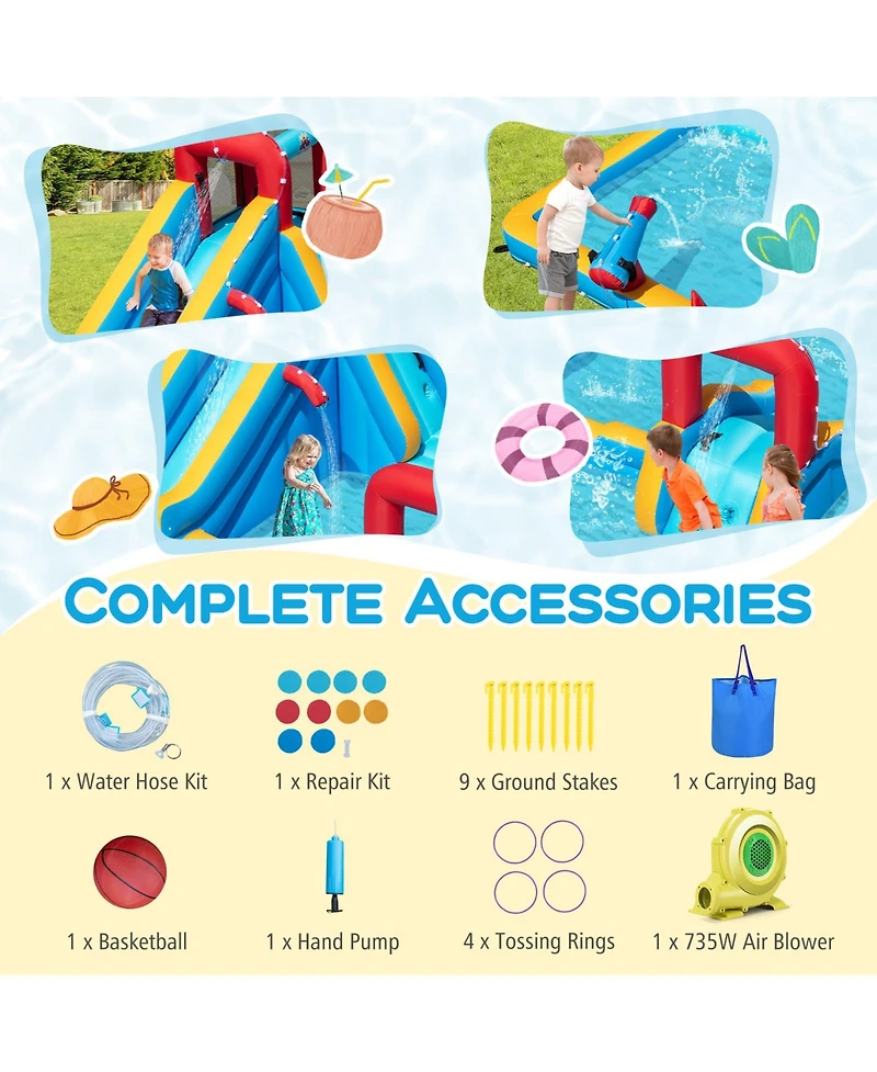 Mecale 9-in-1 Inflatable Double Water Slide Park Giant Bounce House, 735W Blower Included