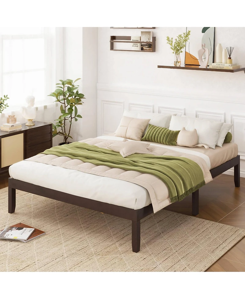 Queen Size Wooden Platform Bed Frame 14" with Rubber Wood Legs Under-bed Storage