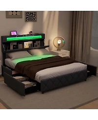 Full Size Bed Frame with Led Lights & Charging Station & Modern Upholstered Bed