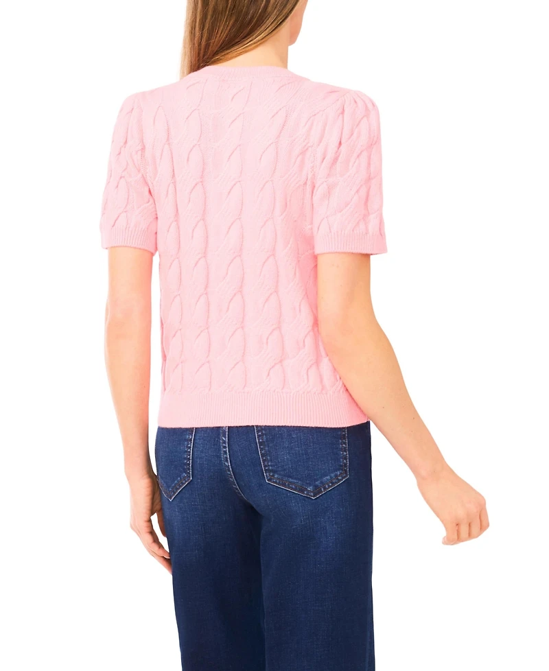 CeCe Women's Cable Puff-Sleeve Crew Neck Sweater