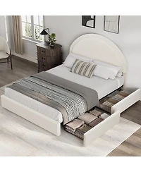 gaomon Size Boucle Bed Frame with 2 Storage Drawers,Soft Upholstered Platform Bed Frame with Round Headboard,Heavy Duty,Wooden Slats