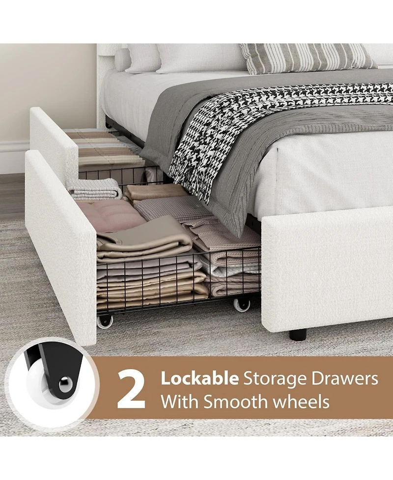 gaomon Boucle Bed Frame with 2 Storage Drawers,Soft Upholstered Platform Round Headboard,Heavy Duty,Wooden Slats,Noise Free