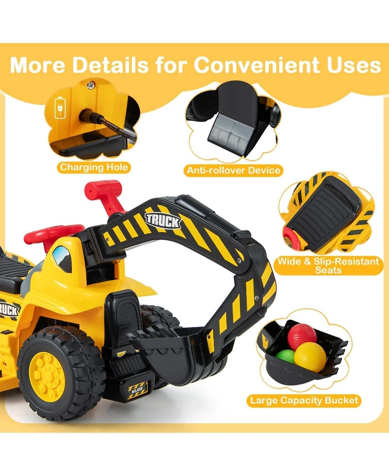 Mecale 6V Kids Ride On Excavator Fun Digger with Folding Basketball Hoop