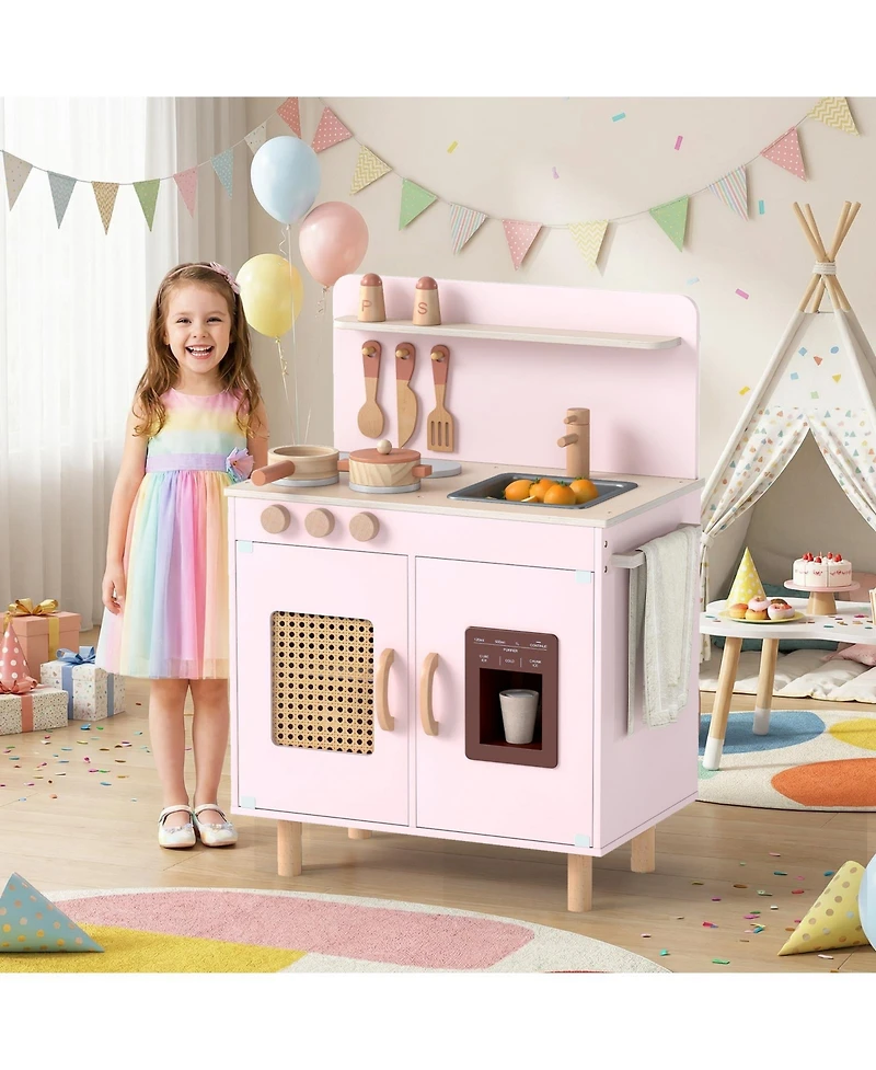 Mecale Wooden Pretend Kitchen Playset with Realistic Ice Maker, Fun Interactive Toy