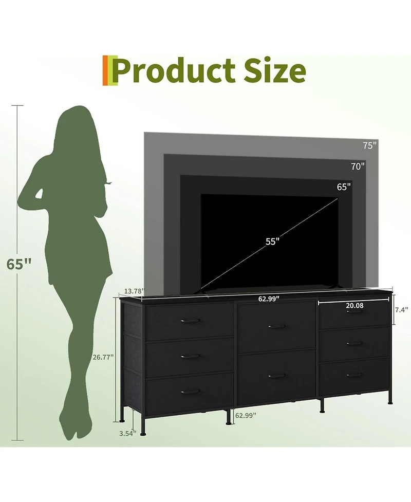 gaomon 8 Drawer Fabric Dresser Tv Stand with Wooden Top, Metal Frame Storage Chest