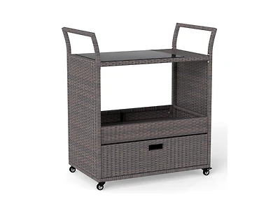 Slickblue Patio Wicker Bar Cart with Durable Tempered Glass Tabletop