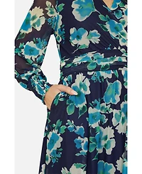Yumi Women's Floral V-Neck Long Sleeves Wrap Dress