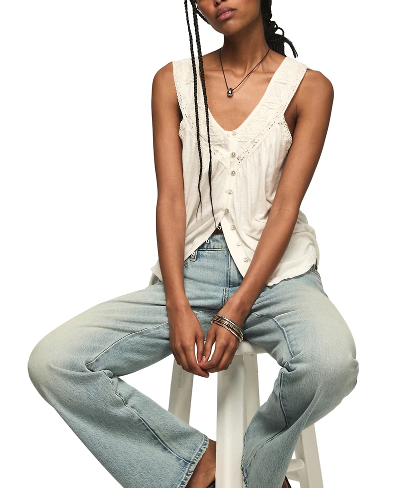 Lucky Brand Women's Lace Yoke V-Neck Top