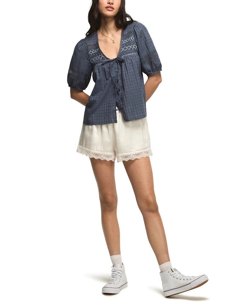 Lucky Brand Women's Smocked Yoke Button-Down Top