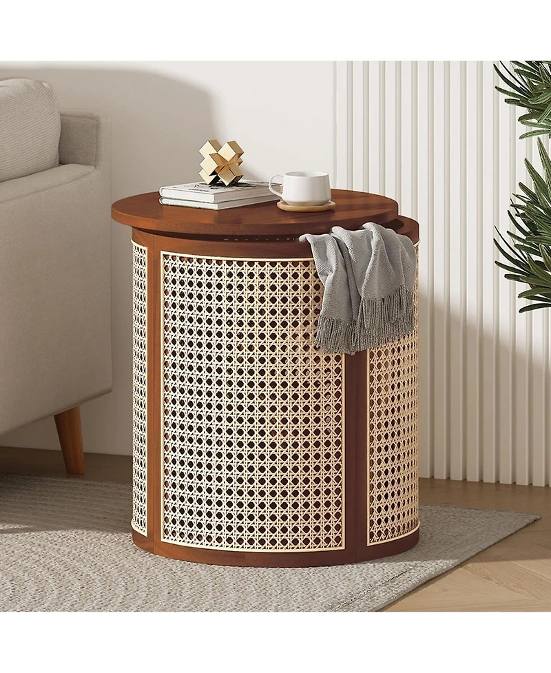 Rainsken Round Solid Wood Nightstand, Hollow Woven Bedside Table, Compact Accent End Table for Living Room, Bedroom