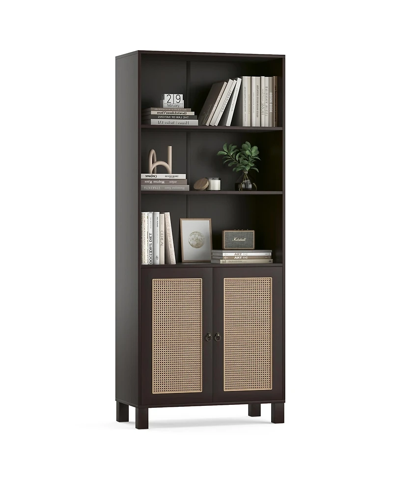 Rainsken 71" Tall Bookshelf, 5 Tier Wood Storage Bookcase with Rattan Doors and Ample Storage Space for Living Room, Home Office