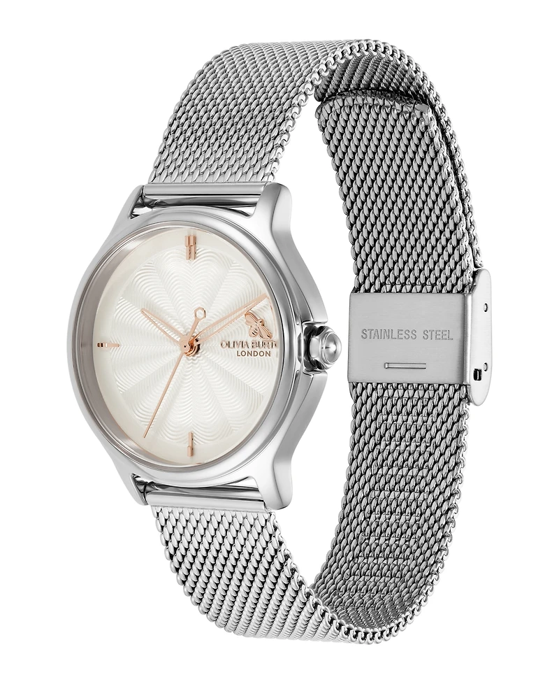 Olivia Burton Women's Ob Classic Bee Silver Tone Stainless Steel Mesh Bracelet Watch, 29.8mm