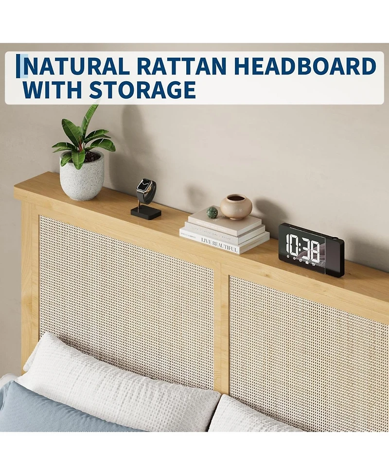 gaomon Rattan Bed Frame with Natural Rattan Headboard, Bohemian Rattan Bed Frame with Led Lights, Solid Wood Foundation