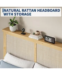 gaomon Rattan Bed Frame with Natural Rattan Headboard, Bohemian Rattan Bed Frame with Led Lights, Solid Wood Foundation