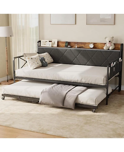 gaomon Daybed with Trundle and Led Light, Twin Bed Frame Upholstered Headboard Charging Station, Metal Sofa Day for Bedroom