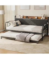 gaomon Daybed with Trundle and Led Light, Twin Bed Frame Upholstered Headboard Charging Station, Metal Sofa Day for Bedroom