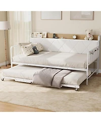 gaomon Daybed with Trundle and Led Light, Twin Size Bed Frame with Upholstered Headboard and Charging Station, Metal Frame Sofa Day Bed for Bedroom