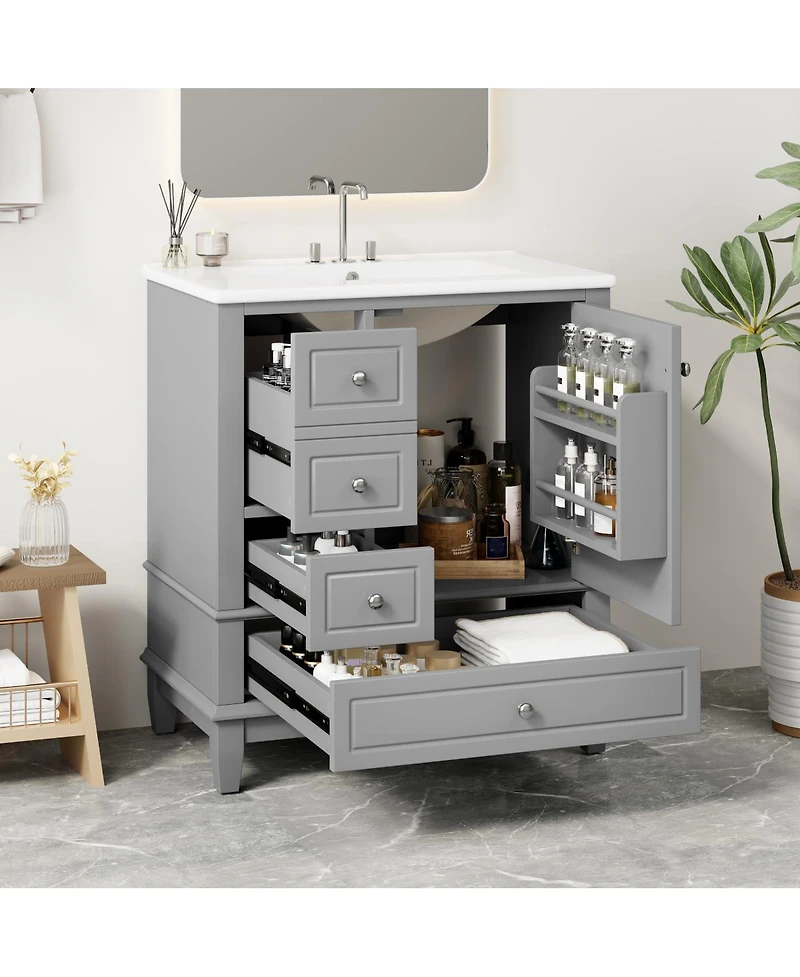 Sillysis 30'' Bathroom Vanity with Ceramic Sink, Solid Wood Frame, Multi-Drawer Storage & Soft Close Door for Modern Bathrooms