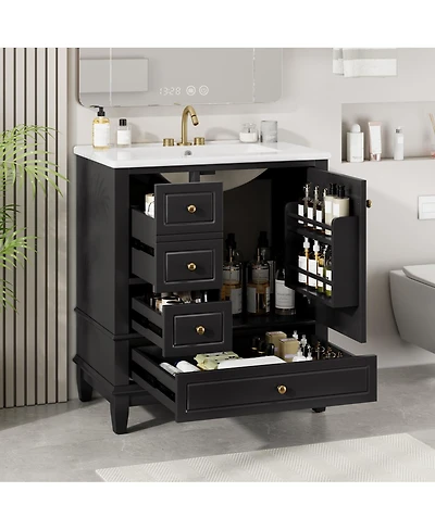 Sillysis 30'' Bathroom Vanity with Ceramic Sink, Solid Wood Frame, Multi-Drawer Storage & Soft Close Door for Modern Bathrooms