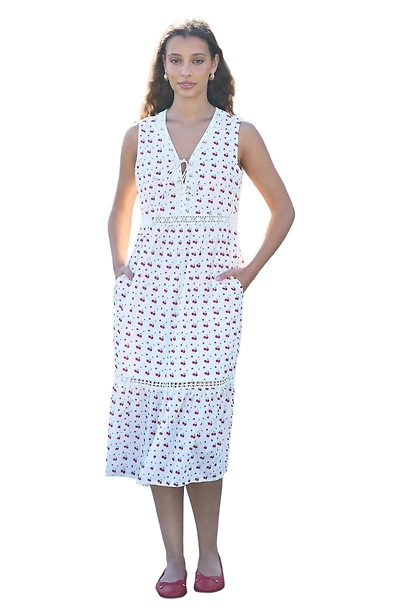 Yumi Women's Cherry Print Lace Trim Cotton Midi Dress
