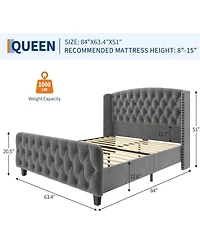 gaomon Bed Frame with Deep Button Tufted Wingback Headboard and Footboard, Velvet Upholstered Platform Bed Frame