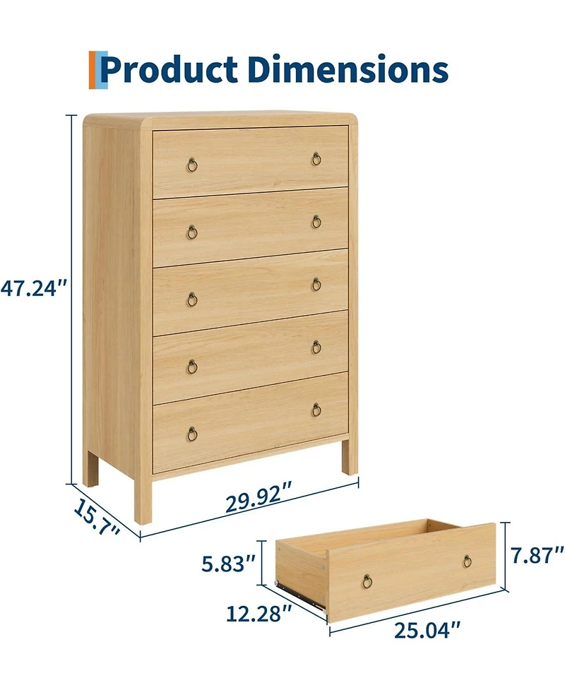 gaomon 5 Drawer Dresser, Storage Chest of Drawer, Drawer Chest Bedroom Organizer Cabinet with Gold Ring Pulls, Mid-Century Modern for Bedroom, Nursey