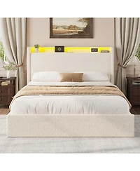 gaomon Led Bed Frame with 4 Storage Drawers and Headboard, Soft Boucle Upholstered Platform Charging Station Usb