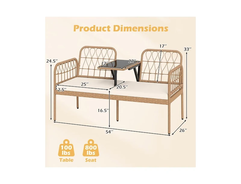 Slickblue Patio 2-Seater Rattan Loveseat with Coffee Table and Soft Cushions