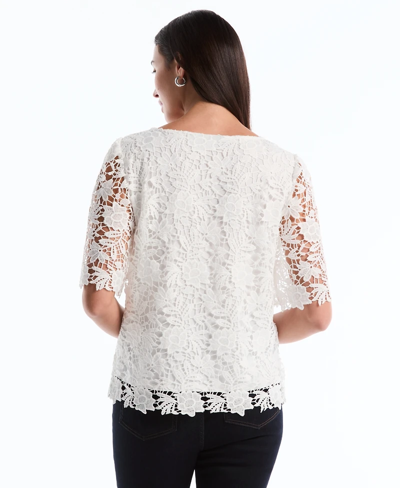 Rafaella Petite Scalloped Elbow-Sleeve Lace Top