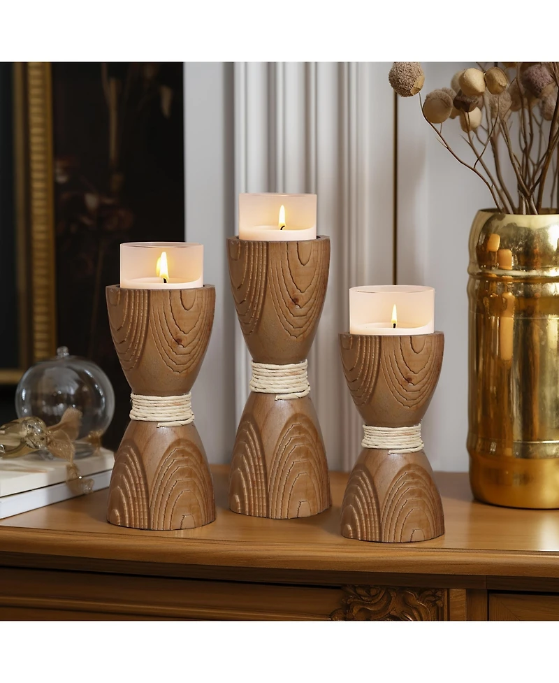 LuxenHome 3-Piece Pine Wood with Rattan Pillar Candle Holder Set