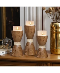 LuxenHome 3-Piece Pine Wood with Rattan Pillar Candle Holder Set