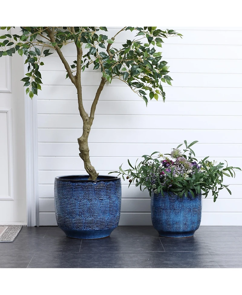 LuxenHome Ocean Blue 12-Inch Round Ceramic Planter