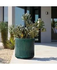 LuxenHome Jade Green Ribbed 11.4-Inch Round Ceramic Planter