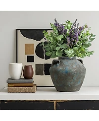 LuxenHome Antiqued Blue & Brown Terracotta Vase with Handles, 11" Round Farmhouse Vintage Pottery