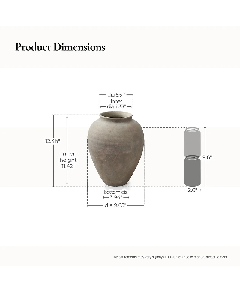 LuxenHome Rustic Ceramic Vase, 12.4" Tall Terracotta Pot with Earthy Gray-Brown Finish, Handcrafted