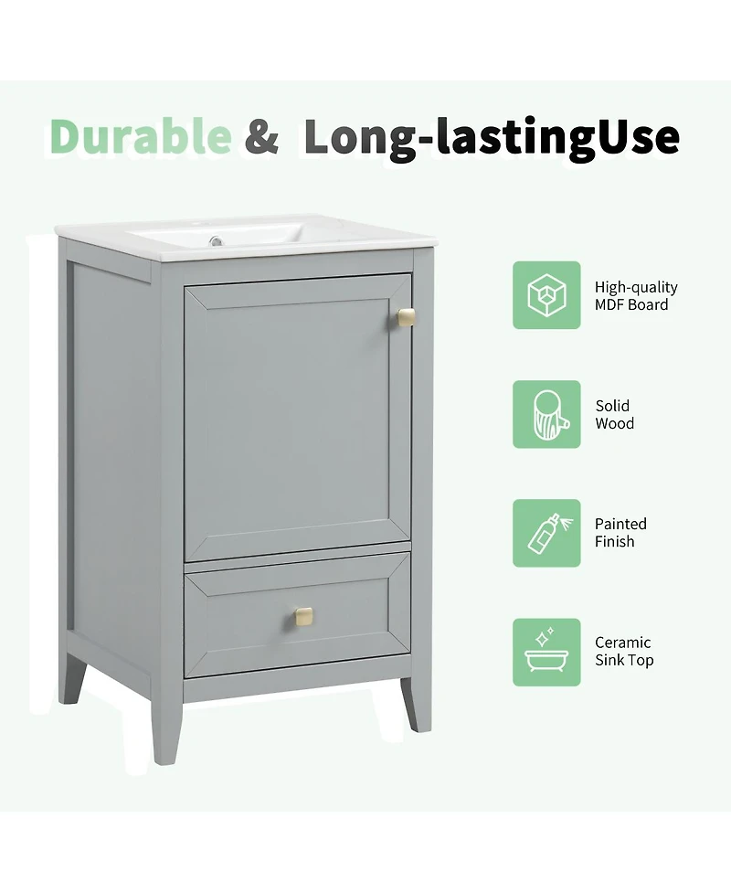 Sillysis 20" Bathroom Vanity with Ceramic Sink, Modern Freestanding Mdf Cabinet, Storage Rack Drawer Soft Close for Small Spaces