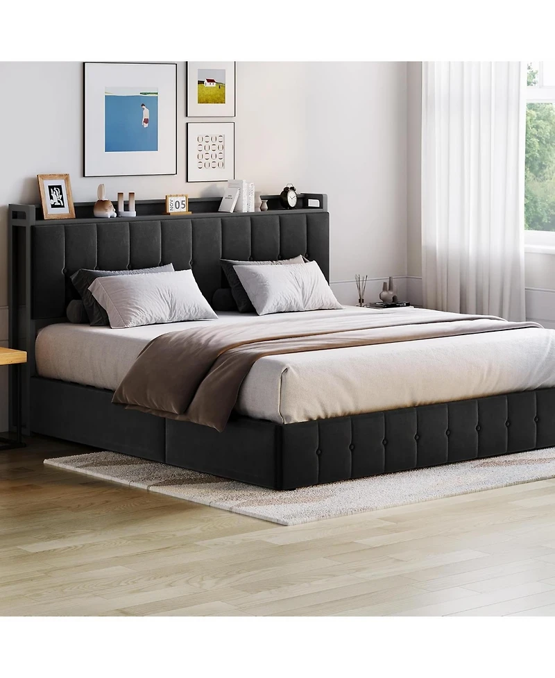 gaomon Bed Frame with Lift Up Storage, Upholstered Velvet Storage Headboard, Metal Platform Bed, Hydraulic Support